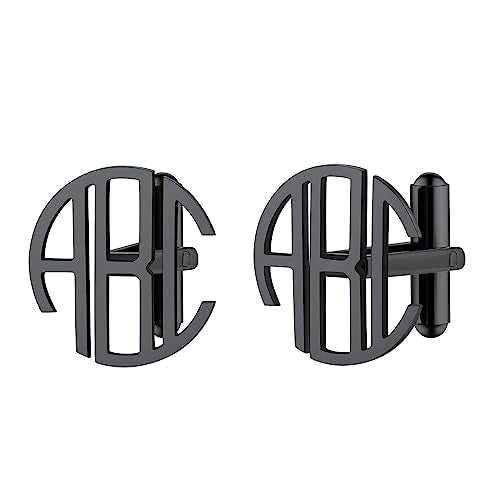 FindChic Stainless Steel Round Cufflinks with Custom Text/Picture/Monogram Letters 18K Gold Plated/Black Color for Men Groom Suits Shirts, with Gift Box - style: 03. custom 3 letters (black)