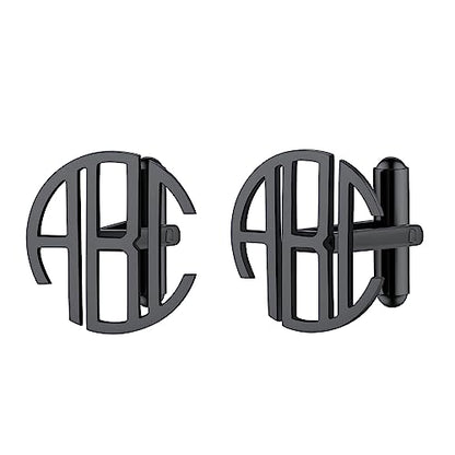 FindChic Stainless Steel Round Cufflinks with Custom Text/Picture/Monogram Letters 18K Gold Plated/Black Color for Men Groom Suits Shirts, with Gift Box - style: 03. custom 3 letters (black)