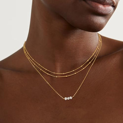 MEVECCO Dainty Choker Necklaces for Women, Beaded and Multi-Row Chains | 14K Gold Plated Brass, Select Silver Plated Brass Options, Polished And Textured Profiles For Everyday Styling - style: Two Layered Bead Chain GD