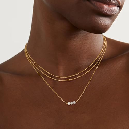 MEVECCO Dainty Choker Necklaces for Women, Beaded and Multi-Row Chains | 14K Gold Plated Brass, Select Silver Plated Brass Options, Polished And Textured Profiles For Everyday Styling - style: Two Layered Bead Chain GD