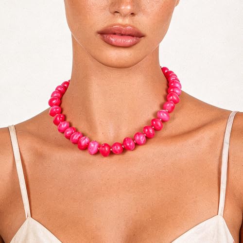 Colorful Chunky Beaded Necklaces for Women Multicolor Large Round Resin Beads Collar Necklace Boho Trendy Statement Chokers Y2K Summer Beach Jewelry - color: Hot Pink-Oval