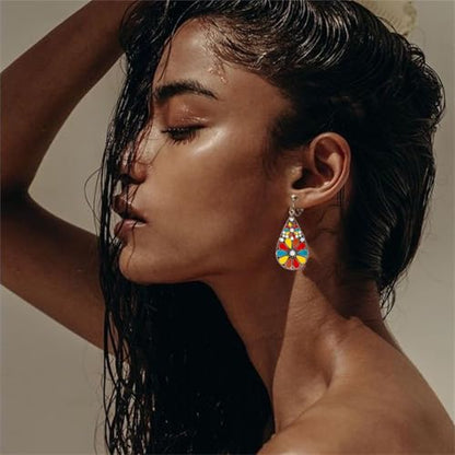 6 Pairs Bohemian Copper Crystal Teardrop Clip On Earrings for Women Handmade Colorful Enamel Floral Dangle Drop Earrings Retro Tribal Style Geometric Design Jewelry Gifts - color: Gold