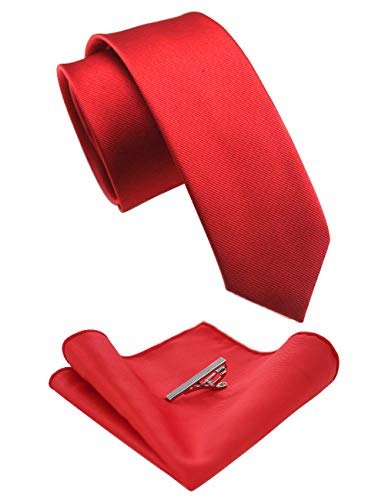 JEMYGINS 2.4" Solid Color Skinny Tie and Pocket Square with Tie Clip Sets for Men (6cm) - color: Red