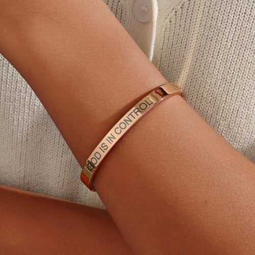 Inspirational Christian Bracelet for Women, Oval Engraved Bible Verse Love Bangle Cuff, Faith Scripture Jewelry, Religious Encouragement Gift for Mom Daughter Sister Friend - color: GOD IS IN CONTROL-Oval Bangle Rose Gold