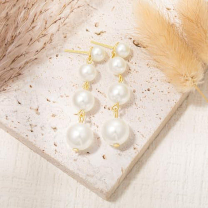 Long Chain Pearl Dangle Earrings for Women | 4Pcs Pearls, 14K Gold Plated, Dainty Tassel Drop, Lightweight Pearl Dangly Earring, Wedding Jewelry Gifts - color: Gold-Large