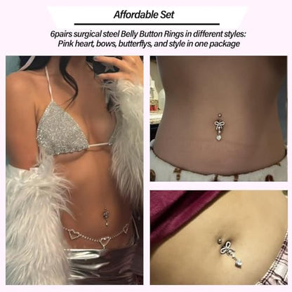 Belly Button Ring Surgical Stainless Steel Belly Button Rings for Women Pink Piercing Jewelry Dangling Belly Ring Pack - color: Rose gold