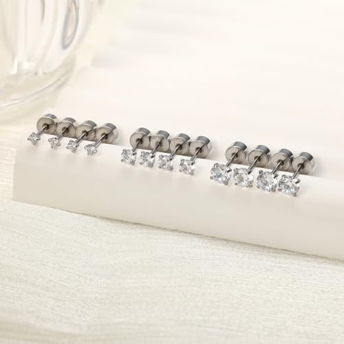 5-6 pairs Push-in Flat Back Stud Earrings Hypoallergenic Surgical Stainless Steel Cubic Zirconia Earrings Studs Set Multi-Pack, CZ Stud Earrings for Women Men Trendy Cartilage Stud Earrings 2-8mm - color: Silver-2/3/4mm(6pairs)