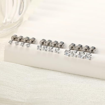 5-6 pairs Push-in Flat Back Stud Earrings Hypoallergenic Surgical Stainless Steel Cubic Zirconia Earrings Studs Set Multi-Pack, CZ Stud Earrings for Women Men Trendy Cartilage Stud Earrings 2-8mm - color: Silver-2/3/4mm(6pairs)