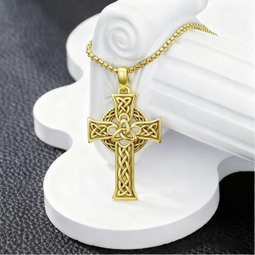 Celtic Cross Necklace For Men ，18K Gold Plated Celtic Cross Celtic Amulet Necklace Protection Jewelry Religious Gifts with 2.5mm 22"+2" Adjustable Rolo Chain - style: style3