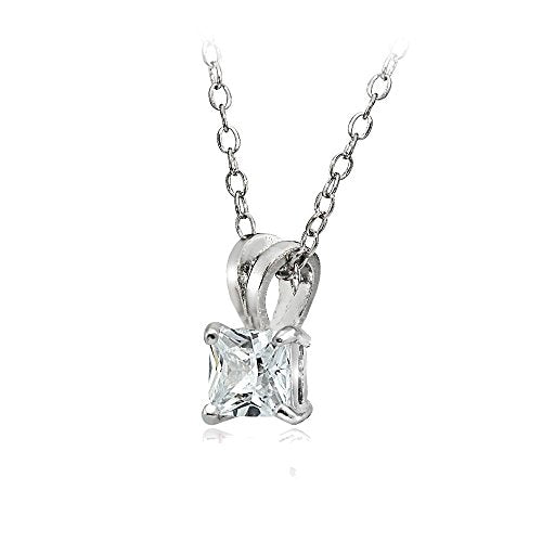 Hoops & Loops Sterling Silver, Yellow Gold Flash or Rose Gold Flash CZ Cubic Zirconia Square Solitaire Pendant Necklace - style: 7mm-Silver