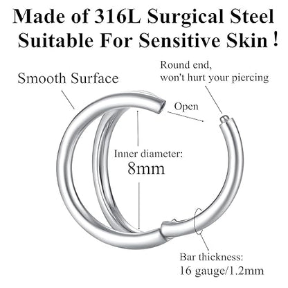 ORANGELOVE Double Hoop Nose Ring 18G 16G 316L Surgical Steel Cartilage Earring Septum Jewelry Seamless Hinged Clicker Segment Ring Conch Daith Tragus Helix Rook Piercing Earring Lip Ring - color: Silver, size: 1pc 16 Gauge 8mm