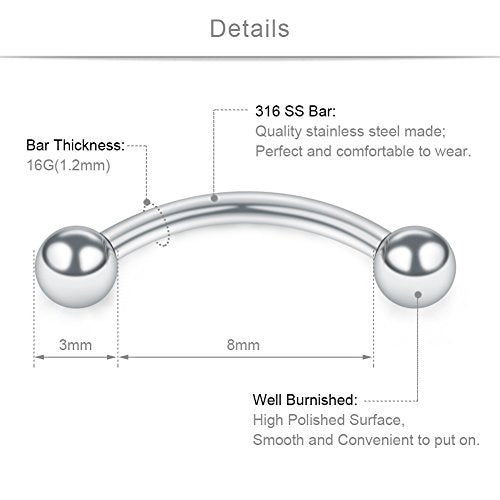 SCERRING 12PCS 16G Stainless Steel Curved Barbell Eyebrow Tragus Helix Ear Belly Lip Ring Body Piercing Jewelry - style: 8mm w Balls
