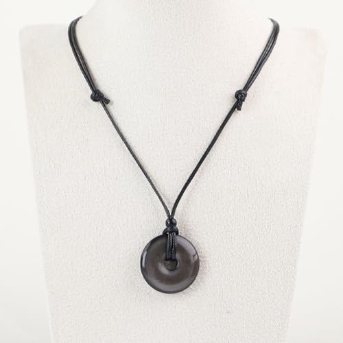 FANASY Natural Gemstone Pendant Necklce Lucky Coin Crystal Necklace Protection Donut Pendnat with Adjustable Rope for Men Women - color: Silvery Sheen Obsidian