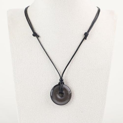 FANASY Natural Gemstone Pendant Necklce Lucky Coin Crystal Necklace Protection Donut Pendnat with Adjustable Rope for Men Women - color: Silvery Sheen Obsidian