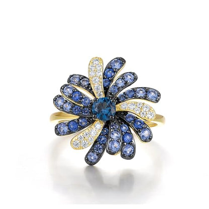 Santuzza Sterling Silver Gemstone Flower Ring for Women - color: [A] Firework-Blue & White