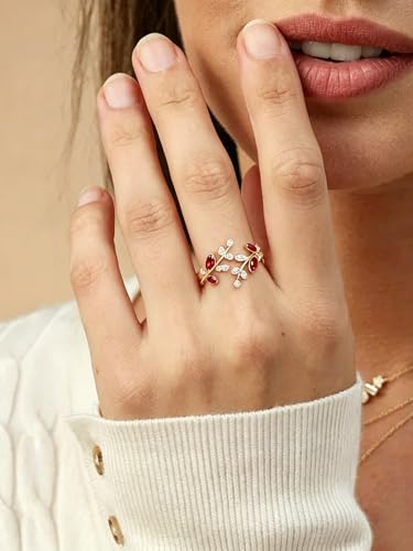 Silver Leaf Ring for Women 925 Sterling Silver Yellow Gold Plated CZ Inlaid Marquise Sapphire/Ruby/Emerald Cocktail Rings Size 6 to 10 - color: Ruby - Gold