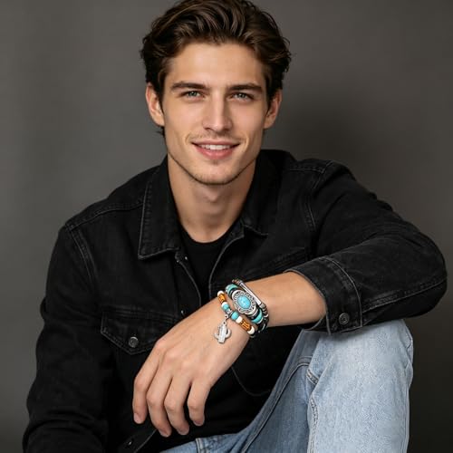 INENIMARTJ Western Turquoise Leather Wrap Bracelets for Men Women Boho Multilayer Turquoise Cuff Wrap Bracelet Western Bracelet Jewelry for Men and Woman - color: 19coffee