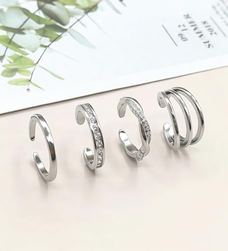 4Pcs 14K Gold Plated, White Gold Plated Toe Rings for Women | Silver Toe Rings, Hug CZ, Triple Twist, Simple Band, Open Toe Rings, Adjustable, Waterproof - color: Silver