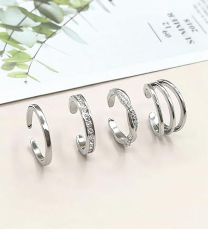 4Pcs 14K Gold Plated, White Gold Plated Toe Rings for Women | Silver Toe Rings, Hug CZ, Triple Twist, Simple Band, Open Toe Rings, Adjustable, Waterproof - color: Silver