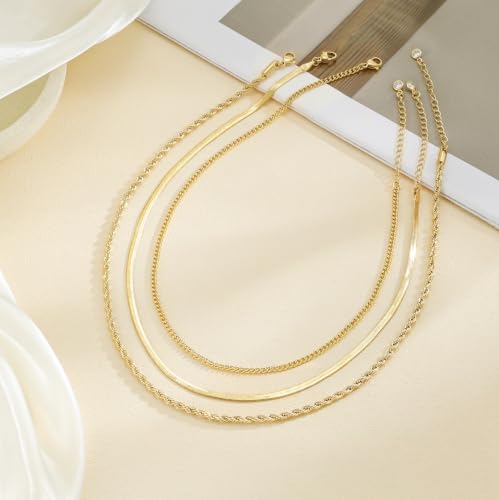 Layered Necklaces for Women, 3 Chain Choker Set, 14k Gold/Silver Plated | 3 Detachable Strands, 7+ Ways to Wear, Tangle Free Design, Herringbone Rope Curb Textures, Tarnish Resistant - color: Gold