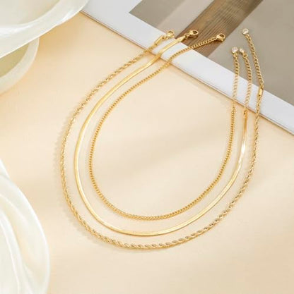 Layered Necklaces for Women, 3 Chain Choker Set, 14k Gold/Silver Plated | 3 Detachable Strands, 7+ Ways to Wear, Tangle Free Design, Herringbone Rope Curb Textures, Tarnish Resistant - color: Gold