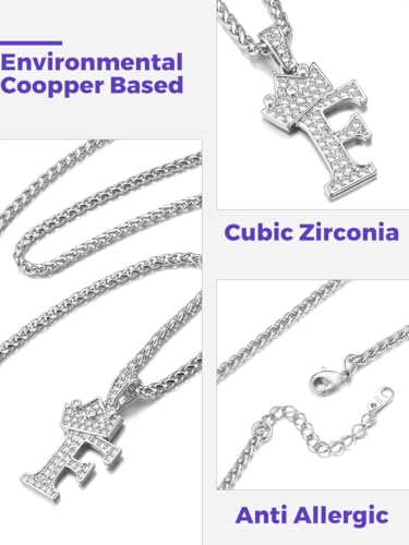 Richsteel Silver Crown Initial A-Z Letter Pendant Necklace for Men Women | Cubic Zirconia Monogram, 316L Steel Chain, 22" + 2" Extender,Hypoallergenic,Gift Box, Hip Hop Jewelry - style: F