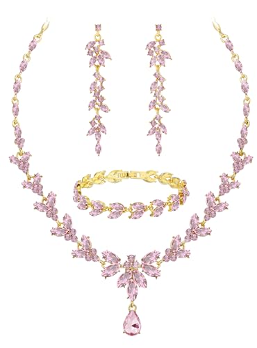 Paxuan Wedding Jewelry Sets for Bride Bridesmaid Bridal Jewelry Set for Women Wedding Crystal Necklace Earrings Bracelet Set for Party Prom Jewelry - color: Pink - 14KC Gold Plated