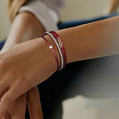KunBead Infinity Leather Wrap Bracelets for Women Handmade Braided Boho Multi-Layer Bracelet Wristband Cuff Bangle Birthday Jewelry - color: pink