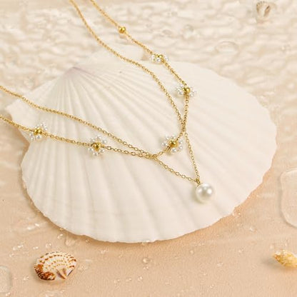 Trinckle Pearl Necklaces for Women, Pearl Choker Dainty Pendant Necklace | White Pendant Choker for Teen Girls, Layered Daisy Jewelry, Wedding Strands for Bride Bridesmaids as Beach Summer Accessories - style: Daisy necklace