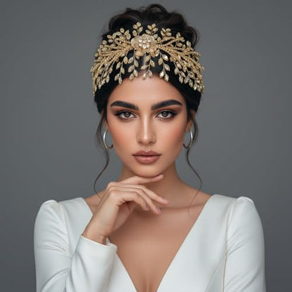 Bridal Headband,Rhinestone Crystal Floral Wedding Headpiece Flower Leaf Hair Accessories for Bride Wedding (Champagne) - color: Champagne