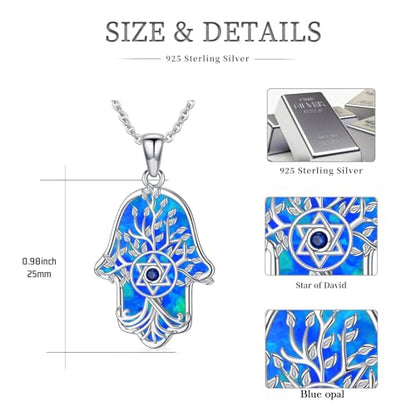 Hamsa Necklace 925 Sterling Silver Evil Eye/Lotus Flower/Star of David/Chai/Yin Yang Hamsa Hand Pendant Jewelry Hand of Fatima Gifts for Women - style: Star of David-Blue Opal