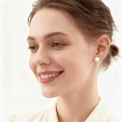 White Faux Pearl Stud Earrings, S925 Silver Posts Hypoallergenic for Women - color: Pinkish White, size: 12mm