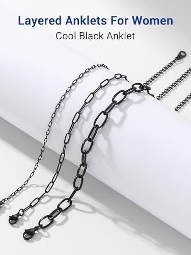 PROSTEEL Ankle Bracelets for Women, Silver/Gold/Black, Waterproof Anklets | Waterproof, Stainless Steel, Summer Beach Jewelry, Durable & No Tarnish, Come with Gift Box, 8-10.5" Adjustable, Plus Size - color: L: black-paperclip chain(3pcs)