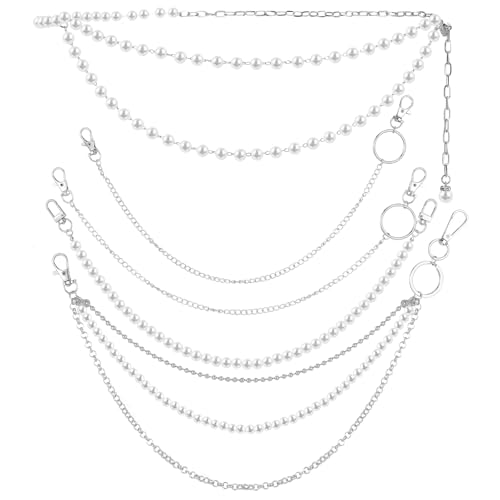 Jadive 5 Pieces Belt Chain Jeans Pants Pocket Waist Multi-Layer Hip Hop Metal Wallet Chain for Men Women - style: Pearl, Silver, White