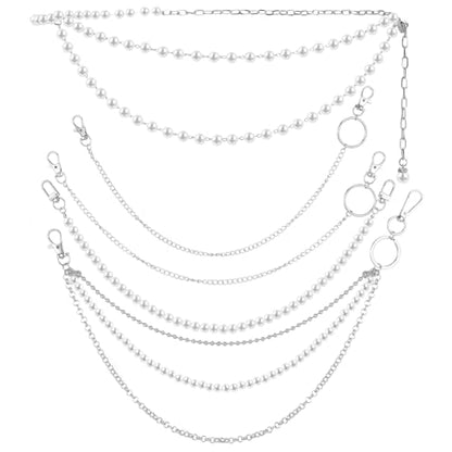 Jadive 5 Pieces Belt Chain Jeans Pants Pocket Waist Multi-Layer Hip Hop Metal Wallet Chain for Men Women - style: Pearl, Silver, White