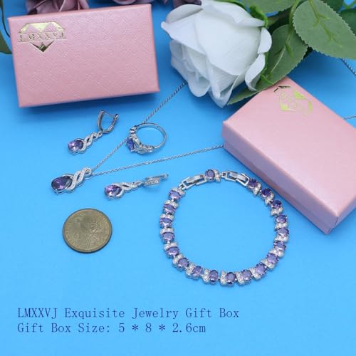 LMXXVJ Jewelry Set for Women,Teardrop Cubic Zirconia Necklace Earrings Adjustable Ring Bracelet Jewelry Set Formal Jewelry Gift - color: MHSD-White Gold-Purple