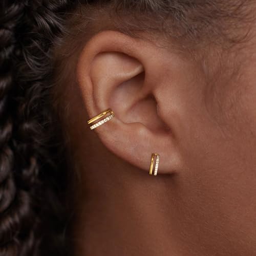 Cartilage Helix Conch Piercing Jewelry Gold Hoop Women Earrings | 2pcs, Huggie, Made of Stainless Steel, 14k Gold Plated, Hypoallergenic, Sparkly Cubic Zircon, Double Hoop design - color: Zircon Gold, size: 2pcs-16g-8/10mm