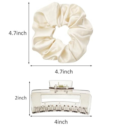 8Pack Hair Clips Scrunchies Set, 4 Medium Claw Clips for Women, Non-Slip Hair Claws, 4 Large Satin Scrunchies, Hair Accessories Set for Thick Thin Hair, Daily Use (Clear) - color: Clear