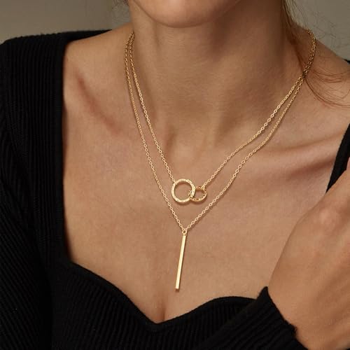 Layered Gold Silver Necklaces for Women, Stackable Stack 14K Real Gold Plated Silver Chain Necklace Diamond Circle CZ Layering Pendant Necklaces Trendy Gold Jewelry Set Gifts - color: gold, style: 2PC-Double cicle