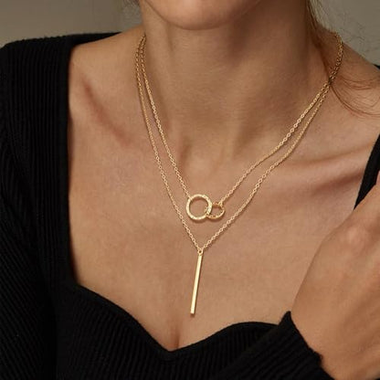 Layered Gold Silver Necklaces for Women, Stackable Stack 14K Real Gold Plated Silver Chain Necklace Diamond Circle CZ Layering Pendant Necklaces Trendy Gold Jewelry Set Gifts - color: gold, style: 2PC-Double cicle