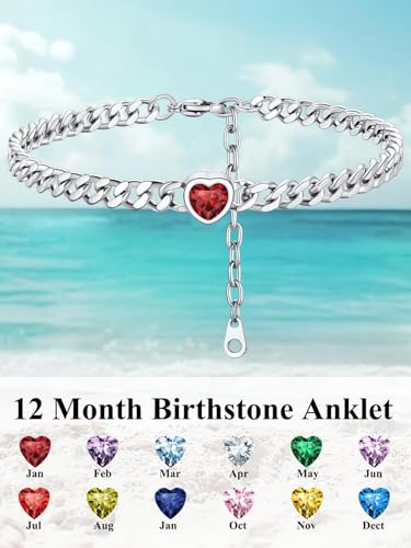 ChainsHouse Cuban Chain Anklets for Women with Heart Birthstone Jan - Dec | Stainless Steel Black Link Chain Ankle Bracelet with Birthstone, Beach Women Anklet 22cm-27cm Adjustable, with Gift Box - color: 01. Jan.-Red Garnet-Steel