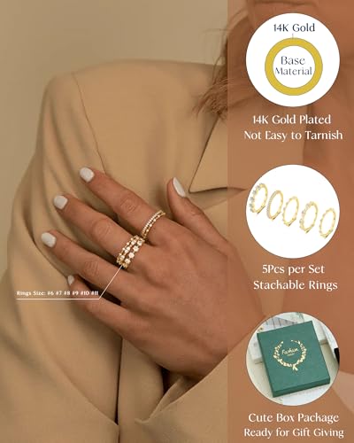 FUNEIA Stackable Silver Gold Rings for Women Non Tarnish 14K Gold Plated Thumb Cubic Zirconia Rings for Women Dainty Pinky Promise Wedding Ring Set Women's Engagement Eternity Band Rings Gold Jewelry - color: A-Gold Ring Set