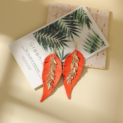 KINIVA Leather Dangle Earrings for Women Trendy, Lightweight Leaf Circle Lightning Earrings Drop, Jewelry Gifts for Women - color: 243 Orange
