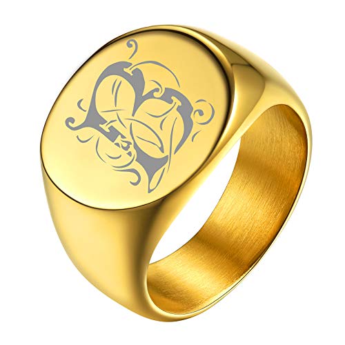 GoldChic Jewelry Personalized Signet Rings Men Women, Stainless Steel Custom Photo Bold Square/Oval Monogram/Old English Initial Pinky Stacking Statement Ring in Black/Silver/Gold (Size 7-14) - color: Gold-Initial -Round