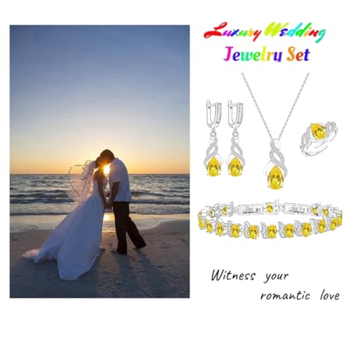 LMXXVJ Jewelry Set for Women,Teardrop Cubic Zirconia Necklace Earrings Adjustable Ring Bracelet Jewelry Set Formal Jewelry Gift - color: MHSD-White Gold-Yellow