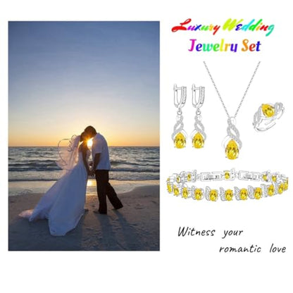 LMXXVJ Jewelry Set for Women,Teardrop Cubic Zirconia Necklace Earrings Adjustable Ring Bracelet Jewelry Set Formal Jewelry Gift - color: MHSD-White Gold-Yellow