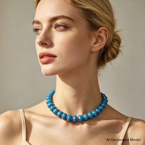 Colorful Chunky Acrylic Beaded Choker Necklaces for Women | Multicolor Faceted Beads, Sturdy Metal Chain, Adjustable Detachable, Lightweight, Summer Boho, Sparkly Statement Jewelry Gift - color: Lake Blue