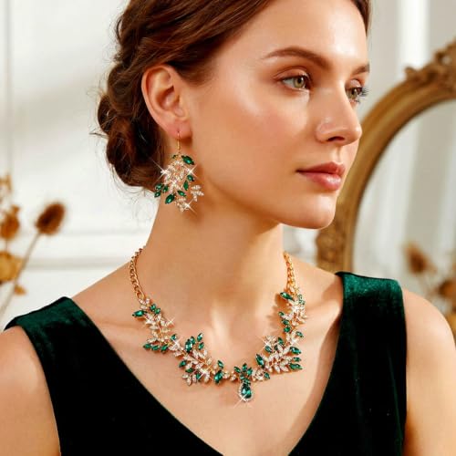 Green Rhinestone Indian Jewelry Set Gold Bridal Wedding Necklace and Earrings Sets Prom Costume Jewelry for Women and Brides - color: Gold Green