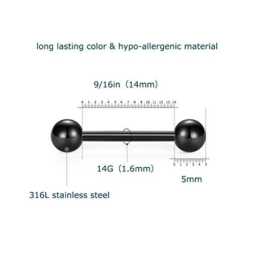 VCMART 12mm-18mm 14G Tongue Rings Nipple Straight Barbells Surgical Steel Body Piercing Jewelry - style: Style C -24pcs, silver & black