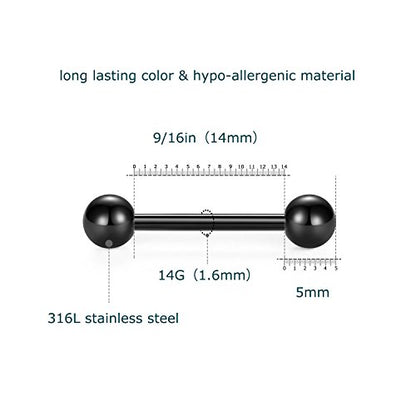 VCMART 12mm-18mm 14G Tongue Rings Nipple Straight Barbells Surgical Steel Body Piercing Jewelry - style: Style C -24pcs, silver & black